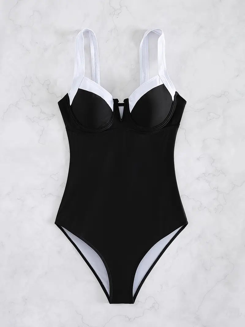 Women's High-Elastic Solid Black & White One-Piece Swimsuit with Full-Coverage