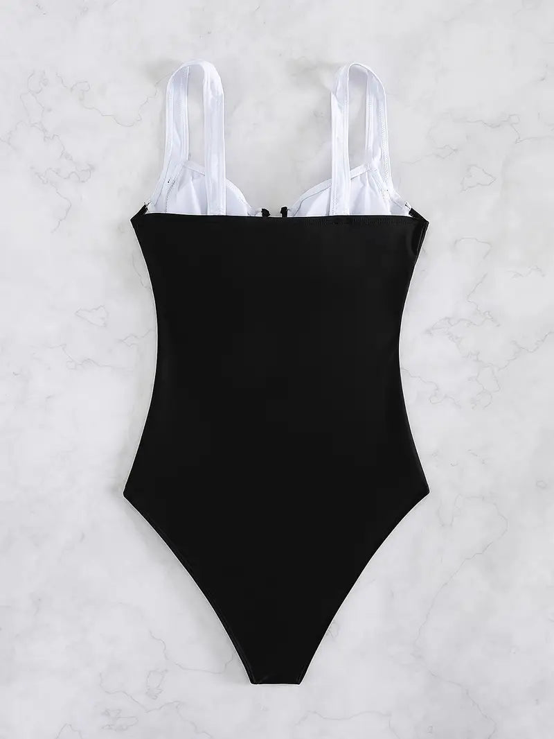 Women's High-Elastic Solid Black & White One-Piece Swimsuit with Full-Coverage