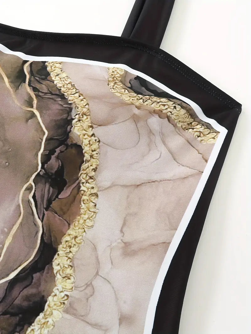 Women'S Off-Shoulder Marble Swimsuit with Sheer Strapless Swimwear