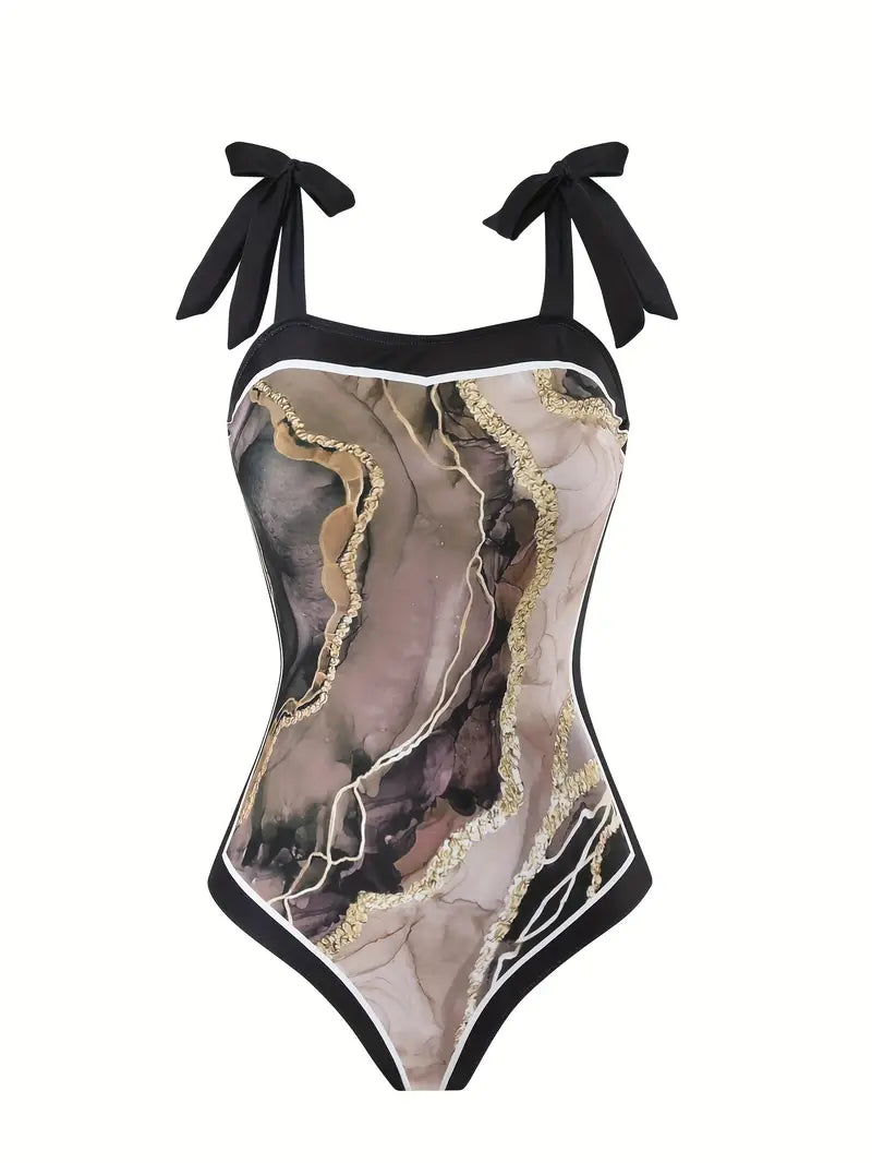 Women'S Off-Shoulder Marble Swimsuit with Sheer Strapless Swimwear