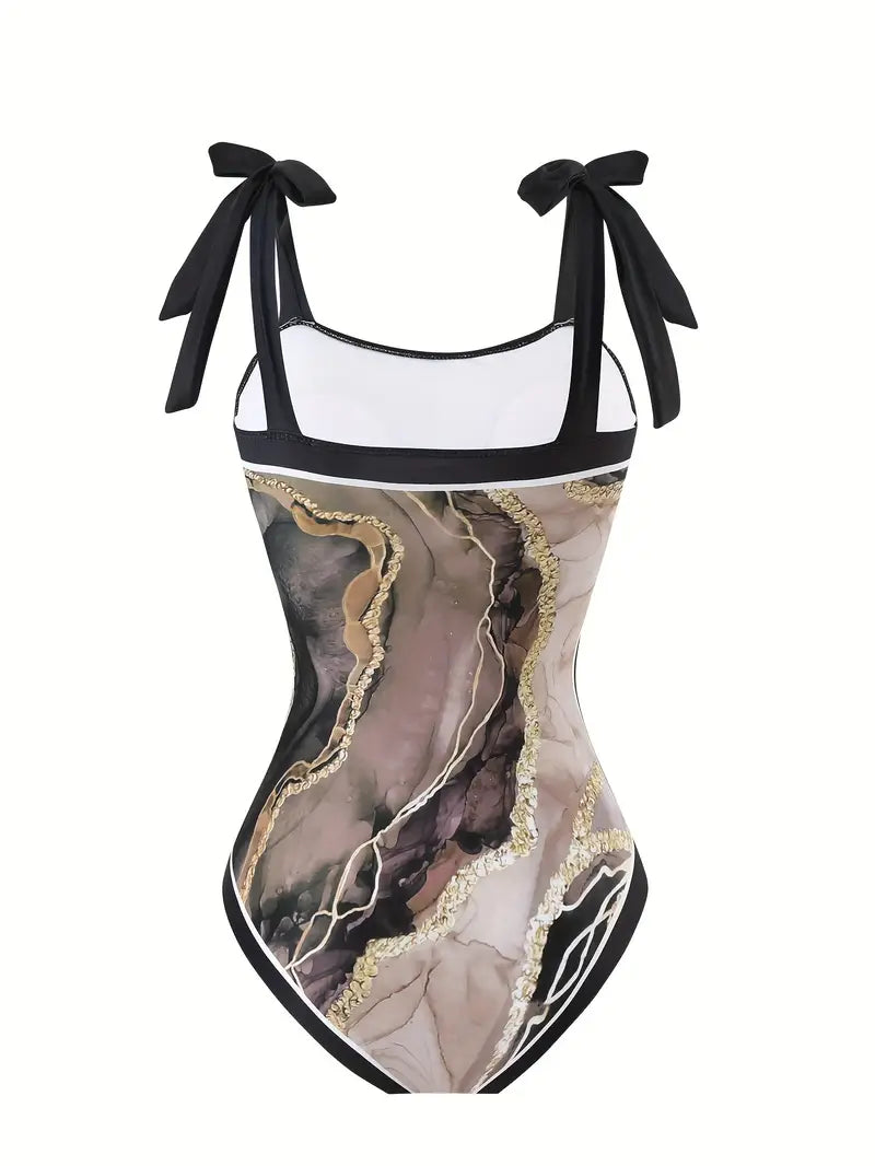 Women'S Off-Shoulder Marble Swimsuit with Sheer Strapless Swimwear