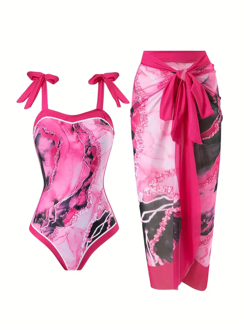 Women'S Off-Shoulder Marble Swimsuit with Sheer Strapless Swimwear